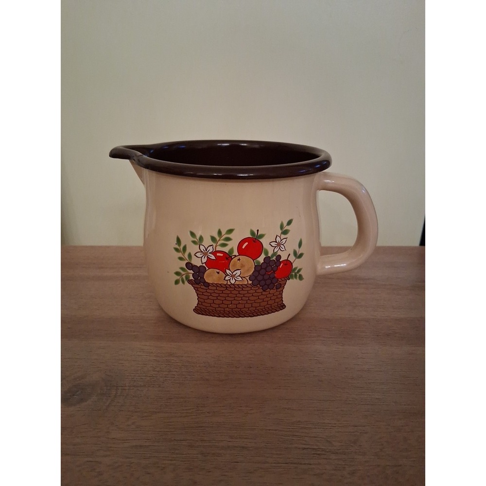 Vintage FTD Enamelware Metal Pitcher Cream Brown Fruit Basket Design 4" T 5" W